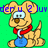 Pixelated cartoon dog with light brown fur, blue pants, red bow tie, and white chest, standing against green background with blue text above.