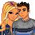 Pixelated image of two people in close proximity, one with long blonde hair and the other with short dark hair, both facing forward.