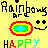 Pixelated yellow background with black text 'Rainbows' at top, rainbow-colored oval shape in center, and partial word 'HAPPY' below.