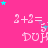Pink background with repeated '2+2=5' text and 'DUH' below, scattered cyan and purple stars.