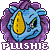 identical pixelated blue creatures with yellow snouts and green eyes, each framed by purple hair, with 'PLUSHIE' text below
