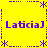 Yellow background with purple pixelated text "LatciaJ" repeated four times in a , surrounded by purple asterisk and dotted line border elements