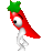 Pixelated red chili pepper with green stem, white legs, and a single large eye on its side, standing against a gray background.