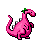 Pixel art of pink and blue dinosaurs with green tops, paired in a with 'love' text variations below each