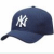 A dark blue baseball cap with white 'NY' logo on front, surrounded by six instances of the word 'yankees' in purple text and three heart-shaped icons.