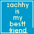 Blue square icon with light yellow text reading "zachhy is my best friend" and a white border; one variant includes a small heart symbol in the bottom-right corner.
