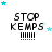 Static image with 'STOP KEMPS' text and exclamation marks, surrounded by scattered blue and light-blue stars on a white background.