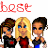 A 48x48 pixel animated contact sheet showing two frames of a cartoon-style buddy icon with red text "best" and "friends" above six character avatars in alternating poses.