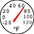 Circular thermometer icon with black border, white face, gray numerals from -20 to 130, red needle pointing at 70, and "°F" text below center.