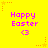 Yellow background with pink text reading "Happy Easter" and a pink <3 symbol, surrounded by orange star-shaped decorations.