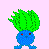 Four pixelated frames of a blue round character with green spiky hair and red eyes in various poses on a light pink background.