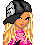 Pixel art contact sheet showing three frames of a female character with blonde hair, pink outfit, and black pants in an animated icon sequence.