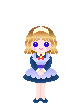 Pixel art character in blue and white dress with red bow, shown in multiple poses including standing, bowing, and speaking with 'Welcome!!' text bubble.