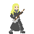 Pixelated character with long blonde hair and gray beard wears dark robe holding brown staff, standing against solid gray background.