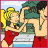 Pixelated cartoon image of two characters in swimwear on a beach with green text logo on dark background, arranged as contact sheet with left frame showing character interaction and right frame showing website text.