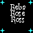 Pixelated text 'Reba Rose Ross' in white with cyan stars on black background, animated star positions.