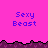 Pixelated image with repeated 'Sexy Beast' text on pink background, dark purple jagged border separating two sections.