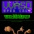 Pixelated image with purple and blue gradient header, green horizontal bar, and three brown mushroom-like shapes on black background.