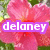 Pixelated pink flower with three text overlays in purple, green, and blue backgrounds, each displaying 'delaney' with a missing 'n' in the second letter.