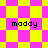 Pixelated text 'maddy' appears on four distinct background patterns: yellow-and-pink checkerboard, rotated yellow-and-pink checkerboard, yellow-and-pink diamond , and rotated yellow-and-pink diamond