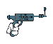 Animated contact sheet showing 11 sequential frames of a cartoon-style blue and white gun held by a hand, with red indicator dots appearing on some frames against a gray background.