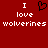 Red background with white pixelated text reading "I love wolverines" and a black pixelated heart symbol between two "I"s.