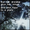 Pixelated image with white text overlay reading 'But her dreams give her wings And she flies to a place' over a blurred background of trees and a bright light source.