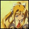 Anime-style character with long blonde hair tied in a high ponytail by white bow, wearing red tie and gray jacket over light shirt.