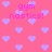 Pixelated pink background with scattered light purple hearts and repeated 'gymnastics!' text in bright pink.