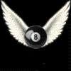 Black background with four winged 8-ball icons arranged in a , each showing different wing positions