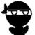 Black silhouette character with white goggles and headband, holding red shopping bag with blue glasses on face in one view.
