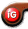Red circular button with white 'iG' text on brown curved shape, transitioning through partial letter visibility in animation.