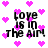 Pixelated text 'love is in the air' surrounded by pink hearts on a white background, with visible animation changes in heart positions.