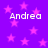 Purple background with pink stars and four instances of the name 'Andrea' in white pixelated text.