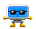 Pixelated character with monitor head, yellow limbs, and blue screen display showing various states including sunglasses and blank screen.