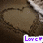 A pixelated brown heart shape with a white border and purple text reading "Love" at the bottom right.