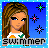 Pixel art contact sheet showing two animated frames of a female character with long brown hair against a blue background, featuring star-like sparkles and the text "SWIMMER" at the bottom.
