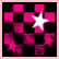 Animated pink and black checkered pattern with a white star, transitioning to static skull and crossbones then text.