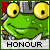 Pixelated green frog with large yellow eyes and a metallic helmet, displaying text labels beneath it in a