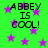 Green background with purple stars and repeated black text 'ABBEY IS COOL!' in four quadrants.