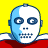 Pixelated cartoon skull with blue and white coloring, positioned behind a red barrier on yellow background.