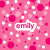 Pink background with white and pink polka dots, featuring text labels 'emily', 'madison', 'lena', 'nanna', 'friends for eva' in stylized fonts.