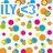 A static image with a white background covered in colorful pixelated circles and three instances of blue text reading "ILY <3" in different positions.