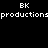Four quadrants display 'BK' above 'productions' text in white pixelated font on black, purple, pink, and dark purple backgrounds.