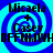 Blue and cyan spiral background with repeated text 'Micaela + Casey' above pixelated black text reading 'BFFNIMWHBFFNIMWH'.