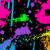 Pixelated abstract composition with vibrant pink, cyan, green, purple, and yellow shapes against a black background.