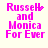 Four identical pixelated text displays in pink on light background, each reading "Russell and Monica For Ever" with one variation showing a pixelated dot pattern near the name.