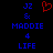 A static pixel art image with blue text and a red heart symbol on black background.