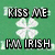Green and white pixelated icon with four text sections: 'KISS ME I'M IRISH' over a shamrock, 'merry st. patricks dayy=)' on clovers, 'heyyy did ya know ginas a...' in green, and 'leprachaun for real she is =]' with a sad face.