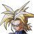 Pixelated character with spiky blonde hair, closed eyes, and a blue garment visible at the bottom.